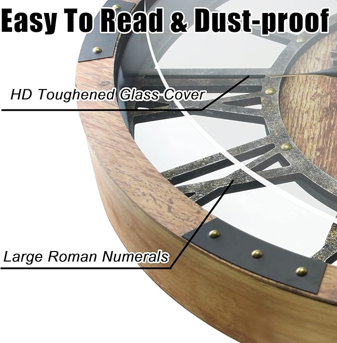 DORBOKER 36'' Large Wall Clock Real Moving Gears Oversized Industrial Solid Wood Rusic Farmhouse Clocks for Living Room Wall Decor Home Office, 36 inch 90cm, Brown and Vintage Bronze