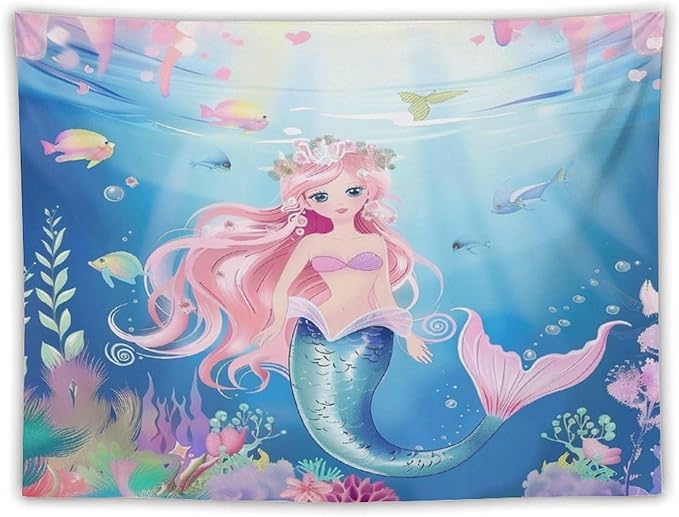 HZOHNAGO Mermaid Girls Tapestry Watercolor Mermaid Princess Pattern Printed Wall Tapestry Wall Hanging for Bedroom Living Room Dorm 80" W x 60" H