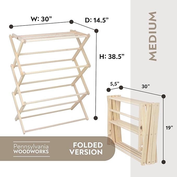 Pennsylvania Woodworks Premium American Maple Clothes Drying Rack - Handcrafted in Pennsylvania - Solid Wood Construction, Collapsible, Eco-Friendly Laundry Solution (Medium)