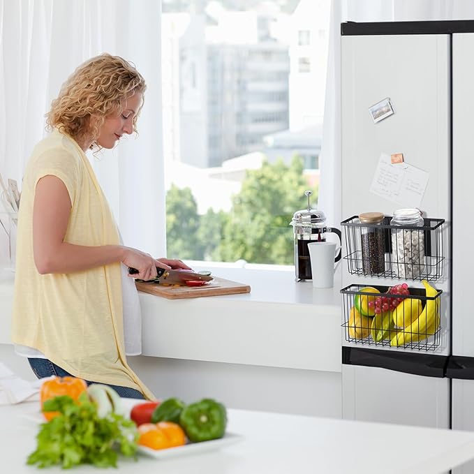 3 Pcs Magnetic or Adhesive Refrigerator Organizer Magnetic Baskets Kitchen Holder for Refrigerator Metal Shelf Rack Storage with 2 Types of Installation(Black)