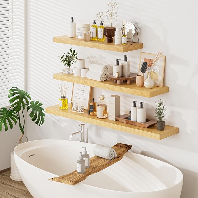 Heimlove 48W x 12D Long Floating Shelf, 12 Inch Deep Floating Shelves for Wall Set of 2, Wood Shelves for Bedroom Living Room Bathroom Kitchen Home Office, Wall Shelves with Heavy Duty Bracket, Oak