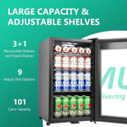 101 Cans Compressor Beverage Refrigerator, 17 Inch Drink Fridge with Glass Door, Adjustable Removable Shelves, Quiet Operation, Temp Memory, Beer Cooler for Soda, Beer, Water, Home Bar, Office