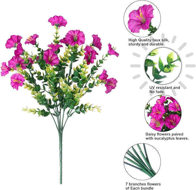 Artificial Flowers for Outdoors Fake Plants Outside Decoration, 12 Bundles Silk Colorful Morning Glory with Eucalyptus UV Resistant Realistic Faux Flowers for Planter Front Door Garden Yard