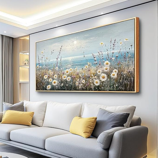 PHAOHUAXM Wall Decor For Living Room Wall Art For Bedroom Office Decorations Blue Ocean Paintings Flowers Watercolour Wall Pictures Canvas Artworks Home Decor Ready To Hang Wood Framed 20x40 In