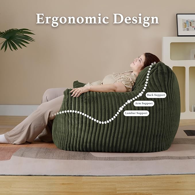 Giant Plush Bean Bag Chair for Adults with Armrests - Oversized Comfy Green Beanbag Lounge Lazy Floor Sofa Accent Chair for Living Room, Bedroom & Dorm, Cozy Fluffy Single Cloud Mini Couch