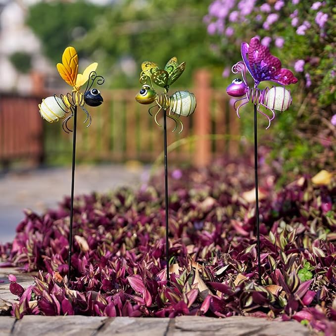 Garden Decor for Outside,3 Pcs Luminous Insect Garden Decorative Stakes,Glow in The Dark Bee Lights Metal Yard Art,Waterproof Outdoor Spring Lawn Patio Pathway Decoration for Mom,Women,Grandma