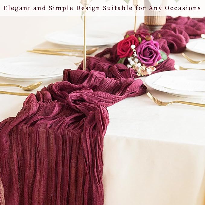 Burgundy 20 Pack Cheesecloth Table Runner 10FT Rustic Gauze Cheese Cloth Table Runner for Wedding Bridal Baby Shower Table Decor 20 x 120 Inch Long Boho Fabric Sheer Birthday Party Table Decorations