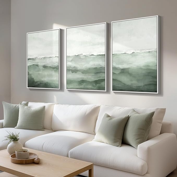 Large Framed Sage Green Abstract Landscape Wall Art for Living Room, 3 Piece Modern Canvas Prints Paintings Artwork for Walls, Minimalist Abstract Pictures for Hallway, Office Wall Decor 24x36 In