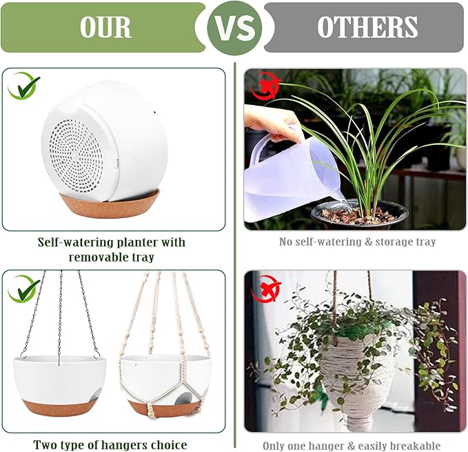 Hanging Planters for Outdoor Indoor Plants, 2 Pack 12 Inch Hanging Basket Plants Outdoor, Self Watering Hanging Planter with Plant Hanger for Garden Home Decoration (2 Type Plant Hangers White)