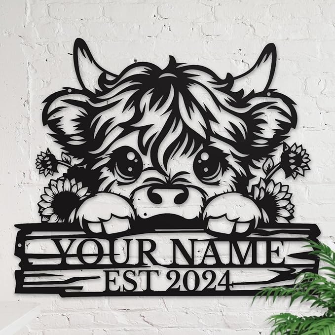 Personalized Highland Cow Name metal Signs,Custom Highland Cow Metal Shed Wall Decor,Black Metal Wall Art Plaques Outdoor wall Decorative Signage (Style D)