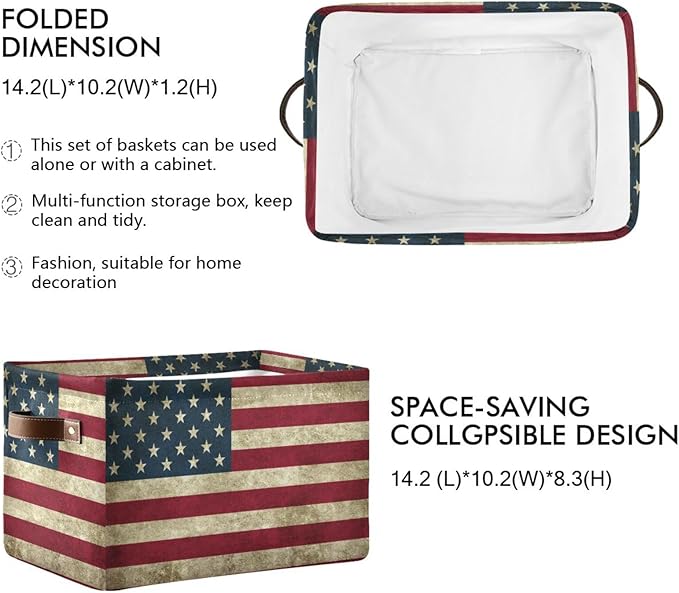 Storage Basket Bin Vintage Retro American Flag Organizer Basket Collapsible Shelf Basket Cube with handle for Nursery Bedroom Bathroom, one sizex1