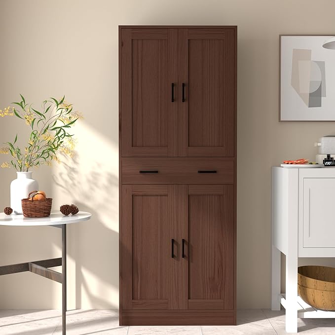 Brown Kitchen Pantry, 71" Tall Storage Cabinet with Doors and Drawer for Kitchen, Hallway, Office