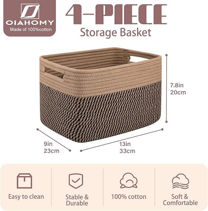 OIAHOMY 4 Pack Storage Baskets for Organizing, Basket for Shelves with Handle, Woven Baskets for Storage Toys, Towels, Books, Cotton Rope Basket 13" L x 9 " W x 7.8 " H, Brown & Black