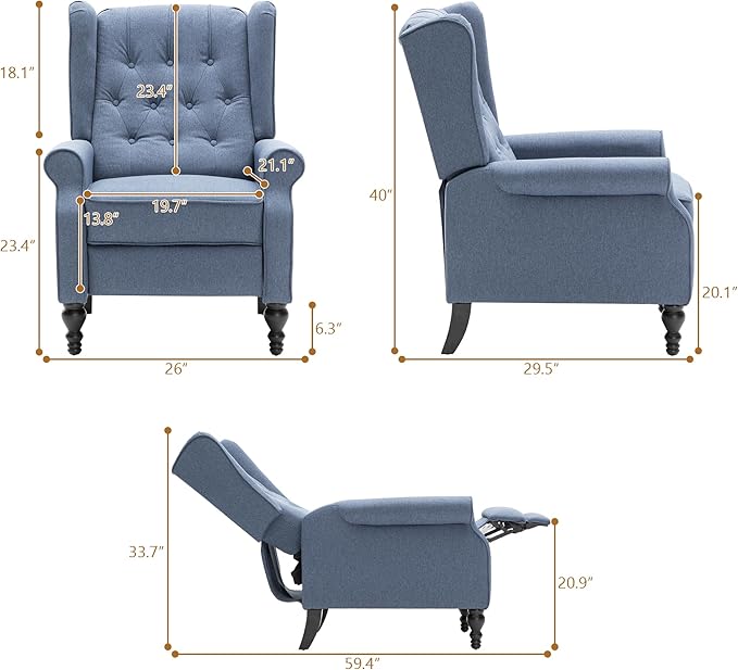 Mid Century Wingback Recliner Chair for Adults, Modern Linen Fabric Push Back Recliner Chairs with Button Tufted Upholstered Back & Footrest, Manual Recliner Chais for Living Room, Nursery, Blue