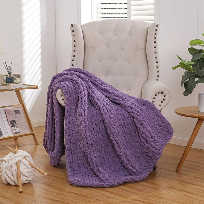 WESHIONGOO Chunky Knit Blanket Throw Knitted Throw Blankets for Couch Bed Fluffy Soft Blanket with Jumbo Chenille Yarn Thick 100% Handmade (Purple, 50"×60")