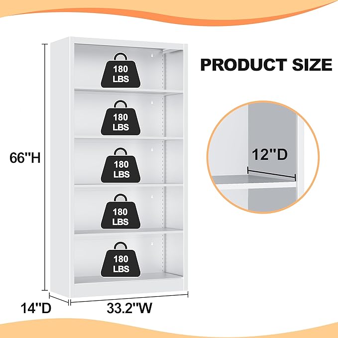 66" Tall Metal Bookcase, 5 Shelf White Bookcase with Adjustable Shelves, Large Bookshelves and Bookcases, Modern Book Shelf Storage Organizer for Living Room, Home Office, Library
