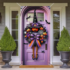 Halloween Witch Wreath Door Cover 71x35 Inch Holiday Front Porch Door Banners Decoration Purple Pumpkin Spider Web Bat Background Hanging Banner for Indoor Outdoor Spooky Party Decor