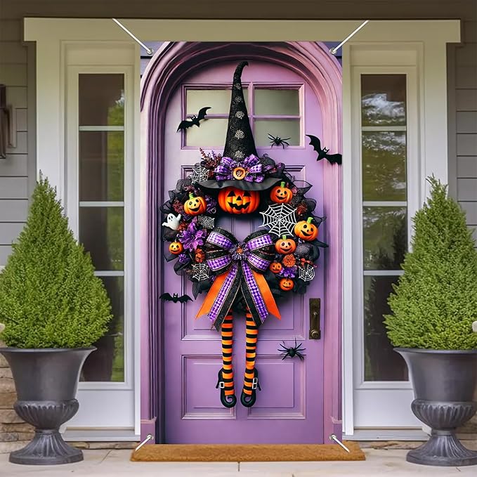 Halloween Witch Wreath Door Cover 71x35 Inch Holiday Front Porch Door Banners Decoration Purple Pumpkin Spider Web Bat Background Hanging Banner for Indoor Outdoor Spooky Party Decor