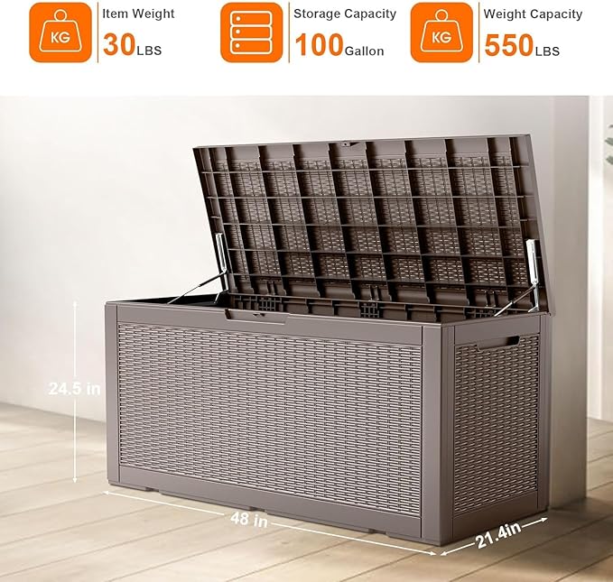 Vixzen 100 Gallon Waterproof Deck Box – Outdoor Storage Organizer for Patio & Garden,Grey