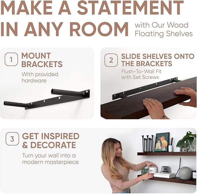 Homeforia Walnut 60 inch Floating Shelf, High End Solid Real Wood 60inch Long Floating Shelf for Wall, Dark Brown Wooden 60in Large Floating Shelves, Heavy Duty Bracket, 60 X 6.5 X 1.75 inch, Set of 2