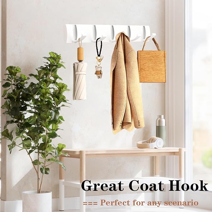 Folding Coat Hooks, Wall Mounted Coat Rack with 5 Retractable Hooks, Heavy Duty Towel Rack for Bathroom Wall Hook for Hanging Clothes Bathrobe, Stainless Steel Coat Hanger for Entryway(White)