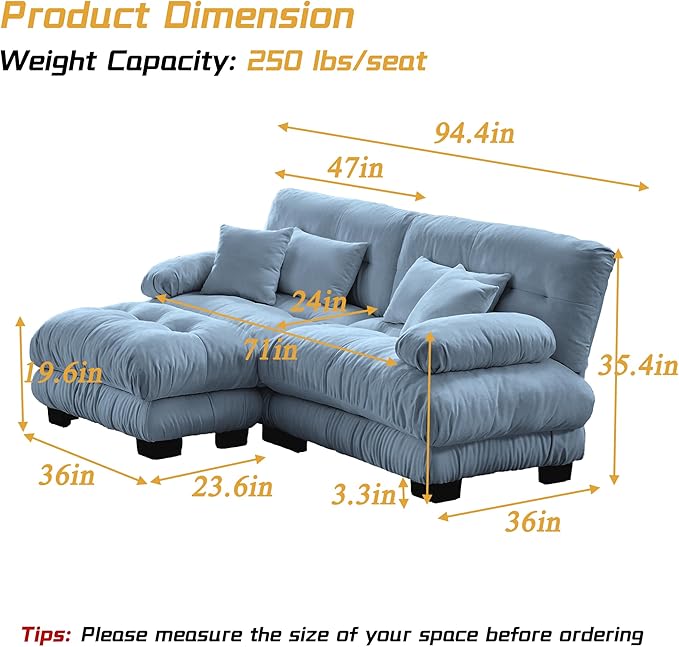 Modular Sectional Sofa, Comfy Cloud Couch Oversized Loveseat with Ottoman, Sectional Couches for Living Room, Modern Chenille L Shaped Couch, Sleeper Deep Seat Sofa with Throw Pillows, Blue