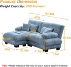 Modular Sectional Sofa, Comfy Cloud Couch Oversized Loveseat with Ottoman, Sectional Couches for Living Room, Modern Chenille L Shaped Couch, Sleeper Deep Seat Sofa with Throw Pillows, Blue