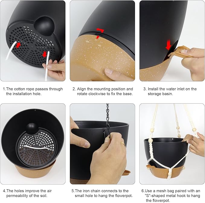 10 inch Self Watering Hanging Planters, 2 Pack Hanging Flower Pots for Indoor Outdoor Plants, Hanging Baskets with Drainage Holes & 2 Kinds of Plant Hangers for Garden Home Decor, Black Brown