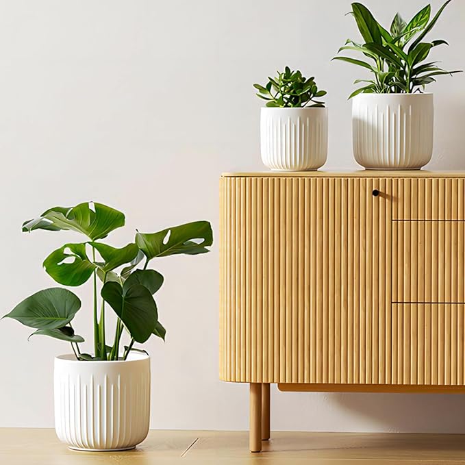 LE TAUCI Fluted Ceramic Planters Set of 3 – 8.3/7 / 5.7 in White Cylinder Indoor Plant Pots with Drainage Plug & Mesh, Matte Glazed Stoneware Flower Pots for Succulent Herb Cactus