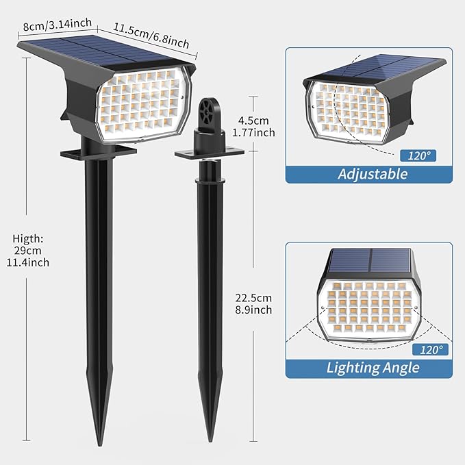 Solar Spot Lights Outdoor Waterproof IP65, 6 Pack Landscape Spotlights with 46 LEDs, 3 Modes Auto On/Off Solar Powered Flood Lights for Outside Pathway, Yard, Garden, Walkway (Warm White)