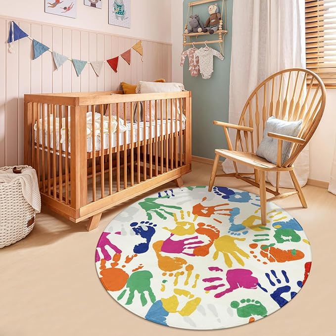 STARUIA Colorful Round Kids Rug 5 Ft, Machine Washable Rug for Playroom, Non-Slip Circle Rugs for Classroom, Soft Circular Carpet Handprints and Footprints Play Mat for Nursery Bedroom Preschool
