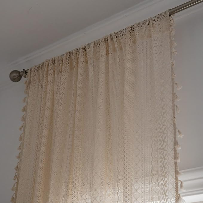 Sutuo Home Boho Curtain Crochet Lace Semi-Sheer Bohemian Hollow Knitted Handmade Tassels, Rod Pocket Window Treatment Vintage Rustic Farmhouse Drapes for Bedroom, 1 Panel 59" W x 96" L, Beige