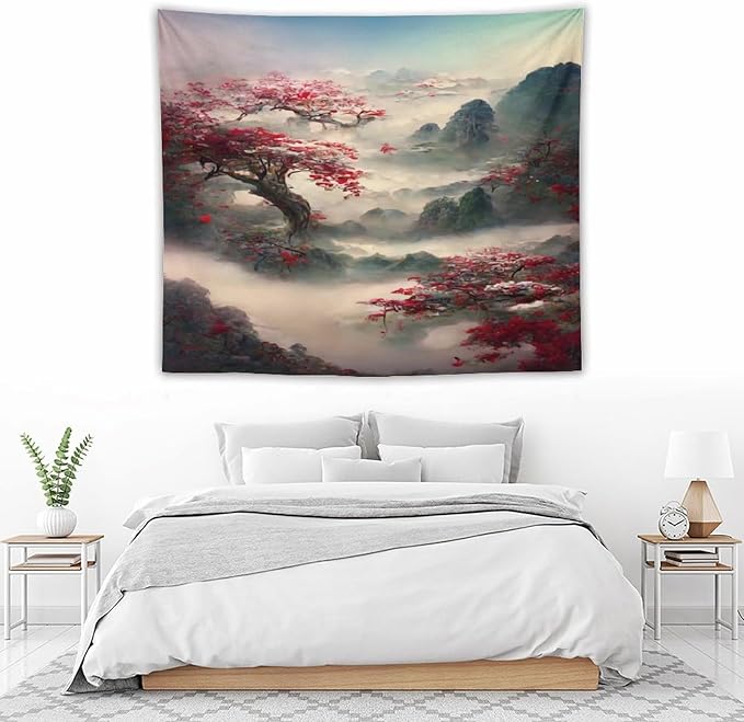 Japanese Tapestry, Red Plum Cherry Blossom Mountain Tapestry, Asian Japanese Wall Tapestry, Nature Landscape Tapestries for Bedroom Living Room Decor 60"x50"