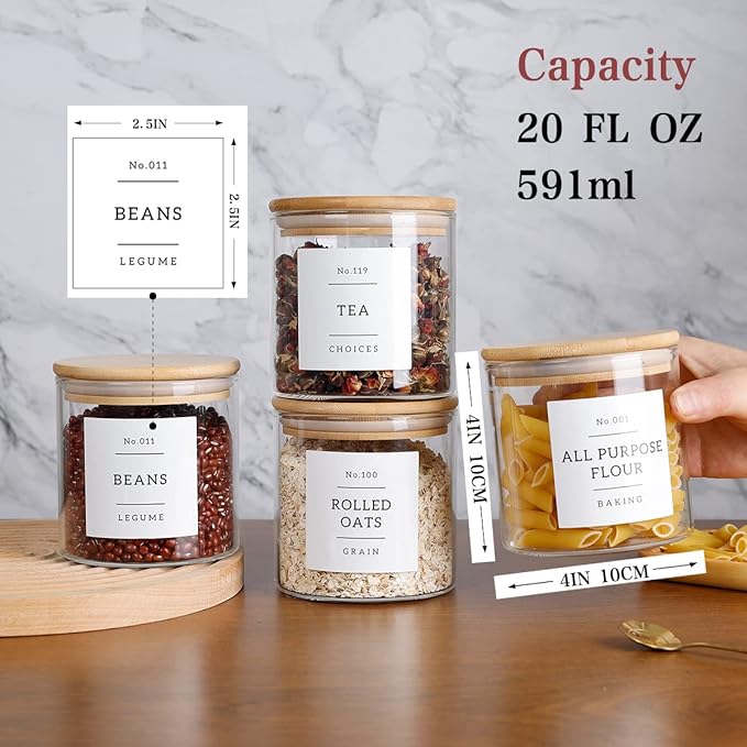 20 OZ Glass Food Storage Jars with 132 Pantry Labels Preprinted - 6 Pcs Thicken Glass Storage Containers with Airtight Bamboo Lid - Clear Kitchen Canister for Spice, Tea, Coffee, Sugar, Cookie, Candy