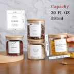 20 OZ Glass Food Storage Jars with 132 Pantry Labels Preprinted - 6 Pcs Thicken Glass Storage Containers with Airtight Bamboo Lid - Clear Kitchen Canister for Spice, Tea, Coffee, Sugar, Cookie, Candy