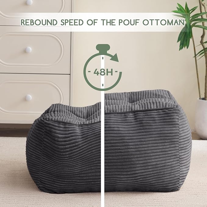 HIGOGOGO Square Stuffed Pouf Ottoman, Corduroy Poufs with Foam Chunk Filling, Furry and Fluffy Pouf Foot Stool Storage Ottoman, 25.6 X 25.6 Floor Poufs Foot Rest for Living Room, Dark Grey