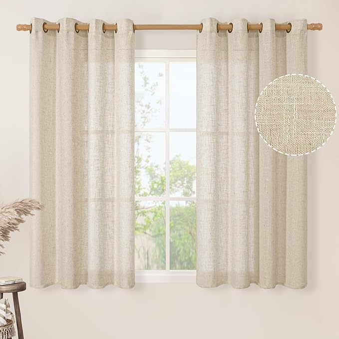 LAMIT 54 Inch Length Linen Curtains for Bedroom, Light Filtering Semi Sheer Neutral Short Decorative Window Drapes with Bronze Grommet for Kitchen,2 Panels Set, 52 X 54 Inch, Linen