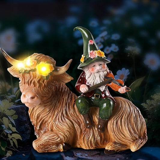 Solar Highland Cow Figurines for Garden with Gnome Playing The Violin 6.7" Resin Garden Gnomes Outdoor Patio Yard Lawn Porch Decor Birthday Housewarming Gifts for Women Mom Grandma Wife Sister Friend