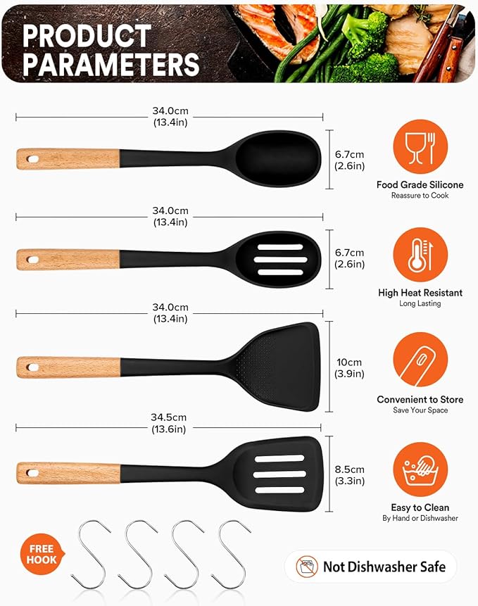 Silicone Cooking Utensils Set, Perfectly Angled for Frying, Mixing,Serving,Draining,Turning and Stirring, BPA-Free Matte Silicone, Wood Handles, Safe for Nonstick Cooking Surfaces,4 Pack (Black)