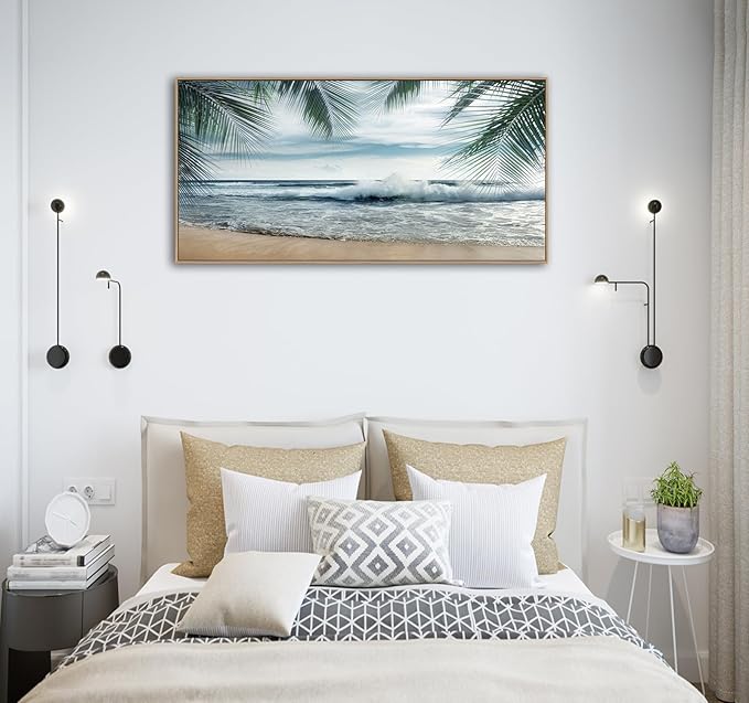 Framed Tropical Beach Wall Art - Ocean Waves Canvas Pictures Coastal Blue Sky and Sea Print Seaside Palm Tree Leaves Scene Painting Artwork Living Room Bedroom Office Home Decor 20" x 40"