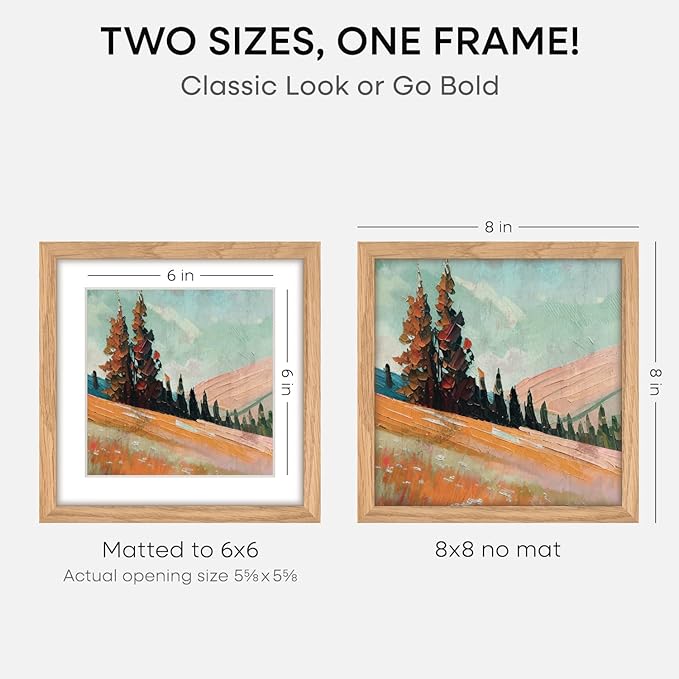 Homeforia 8x8 Picture Frames Wood, High-End Natural Oak 8 x 8 Square Frames with Mat 6 by 6 inch Photo, 8by8 Light Wooden Frames Matted to 6x6 Print, Tabletop Frame, Tempered Glass, Wall Kit, Set of 1