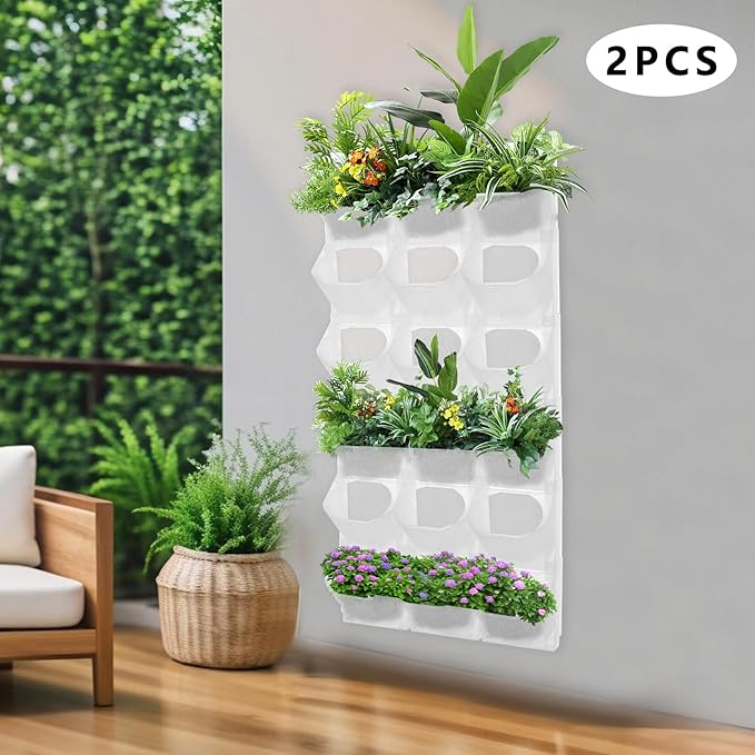 12Pieces 3-Pot Wall Planter Vertical Garden Plant Walls Wall Mounted Vertical Planter with Water-Storage Layer Stackable Wall-Mounted Flower Pot for Gardens, Balconies 180.78lbs Total Capacity (White)