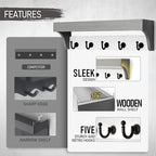 Rebee Vision Key Holder with Mail Organizer Wall Mount - Decorative Home Essentials for Key Rack with 5 Rustic Keys Hooks - Modern House Decor for Entryway (Gray & White)