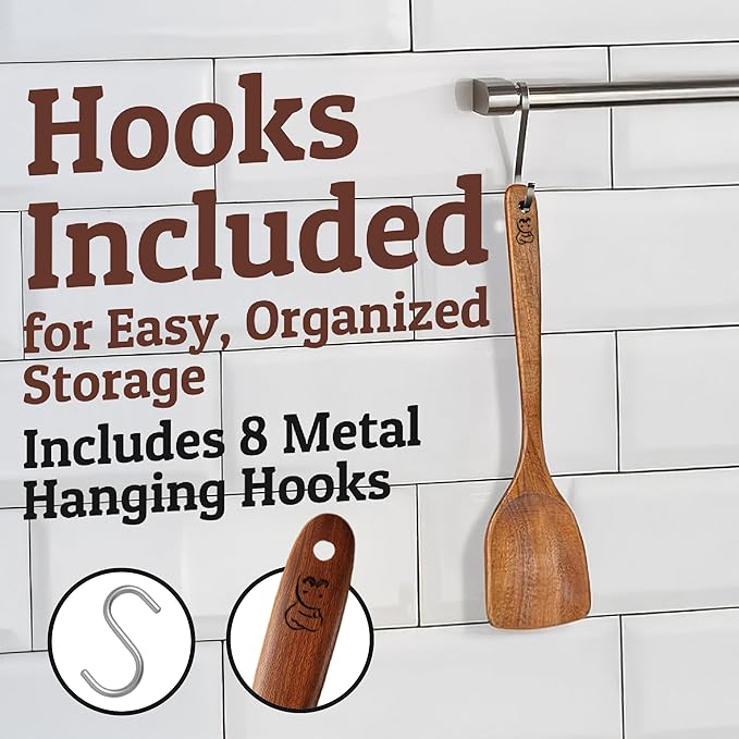 PriorityChef Premium Wooden Spoons for Cooking - 8pc Smooth Finish Teak Utensil Set with Hanging Hooks, Heat-Resistant & Nonstick Safe, Ideal for Gifting