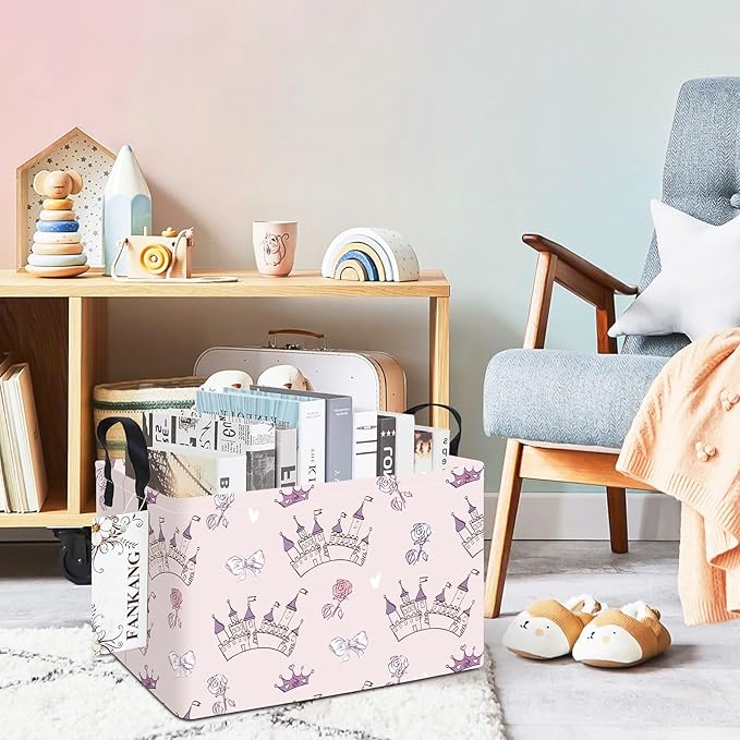 FANKANG Storage Bins, Nursery Hamper Canvas Laundry Basket Foldable with Waterproof PE Coating Large Storage Baskets for Kids Boys and Girls, Office, Bedroom, Clothes,Toys(Rec-Princess Castle
