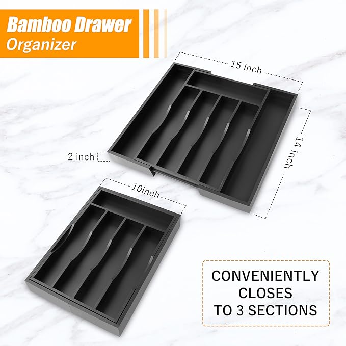 Bellsal Black Silverware Organizer Kitchen Drawer Organizer Expandable Bamboo Utensil Holder Cutlery Tray for Kitchen Utensil and Flatware Bedroom Office