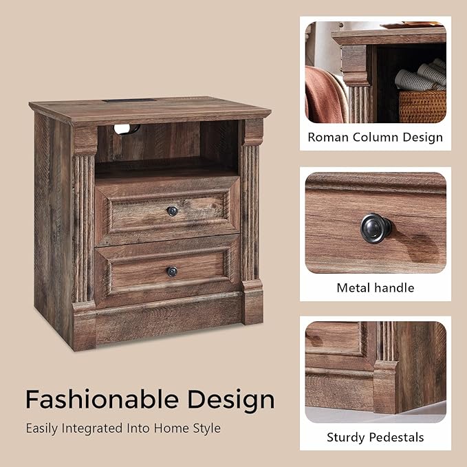 26" Tall Farmhouse Nightstand Set of 2, 2 Drawers End Table w/Charging Station, 23.6" Wide Large Side Table w/Roman Column, Wood Rustic Sofa Table w/Open Shelf, Bedside Table for Bedroom, Light Brown
