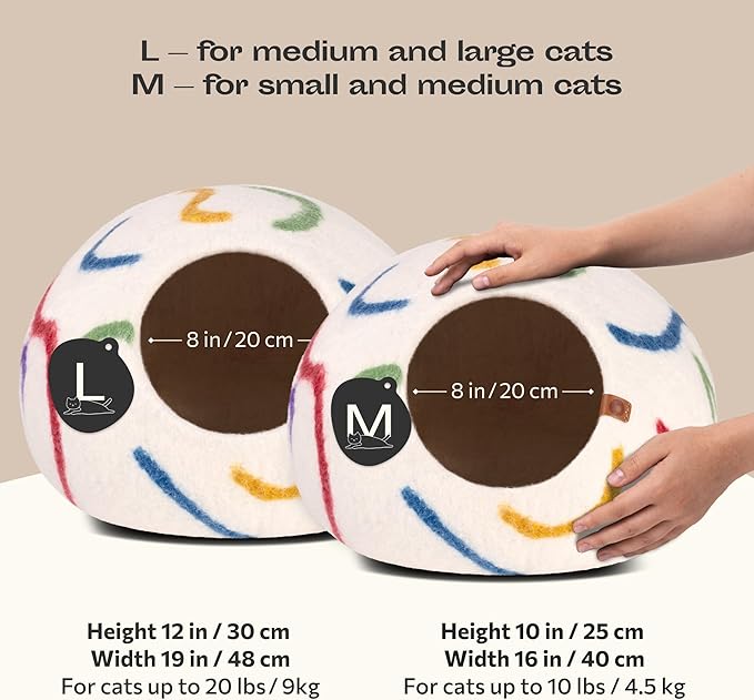 MEOWFIA Cat Cave – Premium Felt Cat Bed for Indoor Cats, Handmade 100% Merino Wool (Large, Ivory Rainbow)