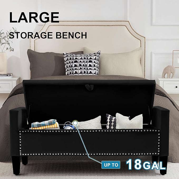 Storage Ottoman Bench, Velvet Upholstered Footstool for Bedroom and Living Room, Tufted Seat with Storage, Wooden Legs & Metal Rivets, Black