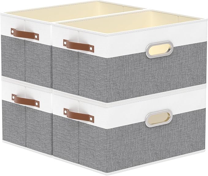 Yawinhe Foldable Storage Baskets for Shelves, Fabric Closet Organizers, Bins with 3 Handles, Cubes for Clothes, White/Grey, 15''Lx9.8''Wx8.3''H, 4-Pack